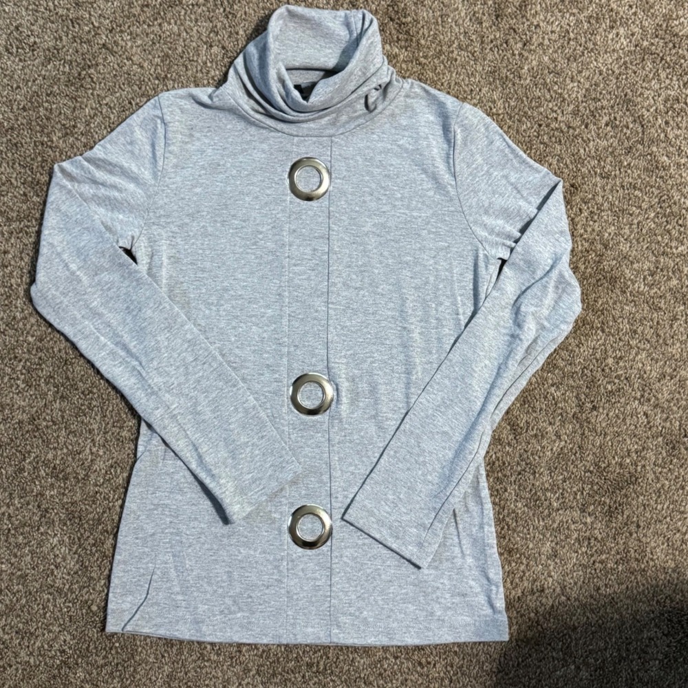 Womens Gray Turtleneck Grommet Detail Long Sleeve Top Size 36